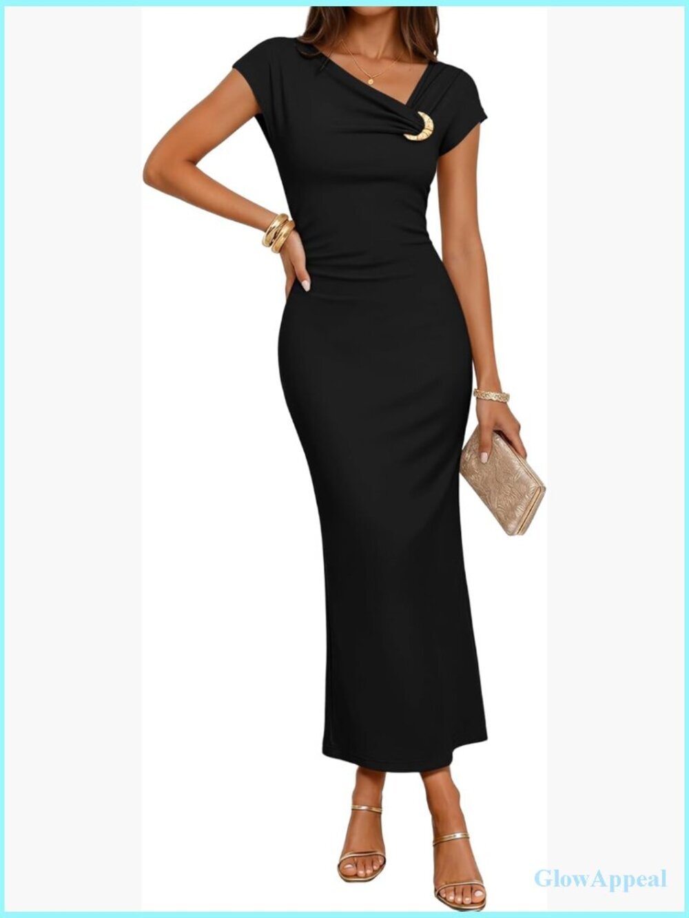 Asymmetrical Bodycon Midi Dress Cap Sleeve Ruched Formal Cocktail
